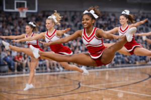 high school dance team on the basketball court doing a toe touch